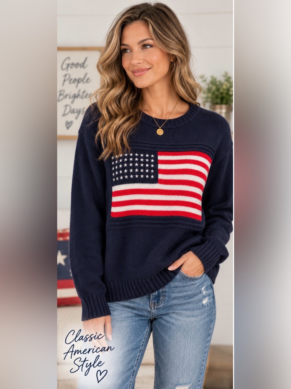 American Portrait USA Flag Sweater 100% Cotton, Vintage 90s